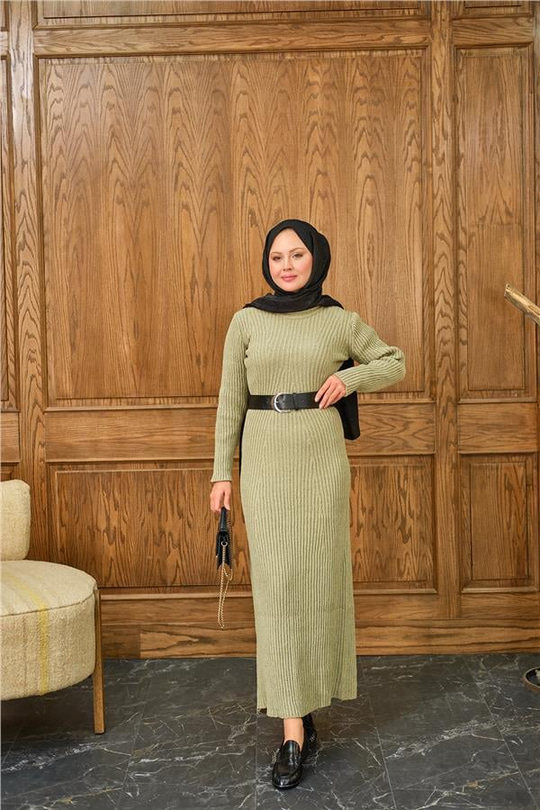 Bisiklet Yaka Triko Elbise Küf Yeşil