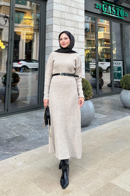 Bisiklet Yaka Triko Elbise Taş