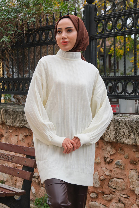 Bisiklet Yaka Triko Kazak Krem