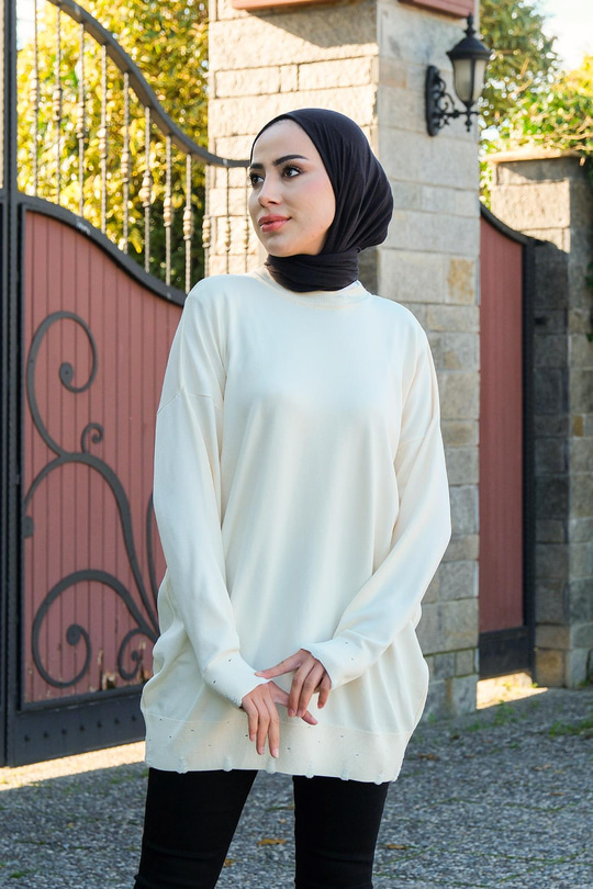 Bisiklet Yaka Triko Kazak Krem