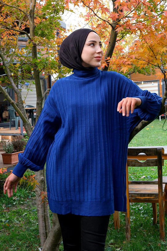 Bisiklet Yaka Triko Kazak Saks Mavi