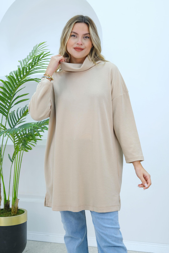 Boğazlı Düz Kesim Tunik Krem