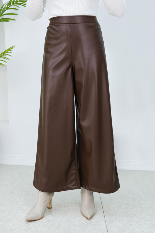 Bol Paça Deri Pantolon Acı Kahve