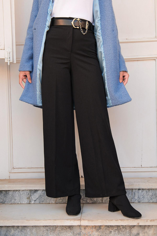 Bol Paça Yüksek Bel Kumaş Pantolon Siyah