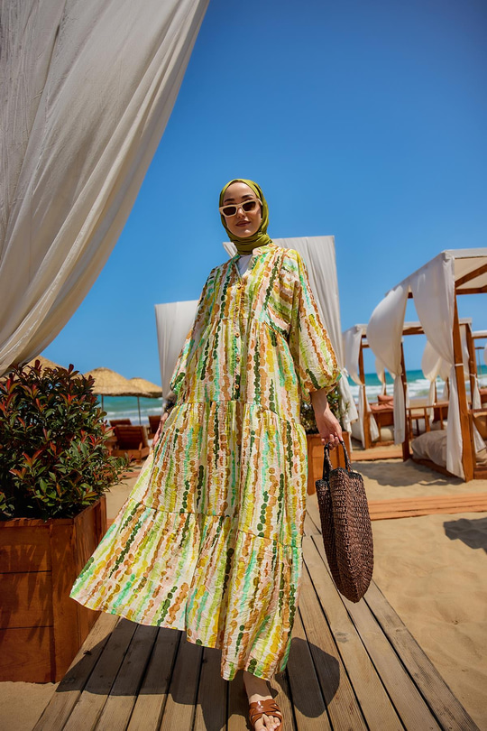 Boncuk Desen Elbise Yeşil