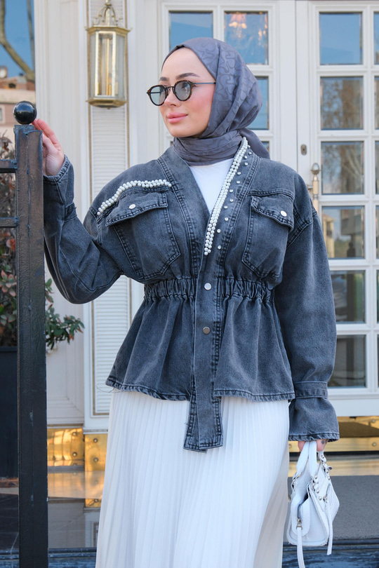 Boncuk Detay Kot Ceket Füme