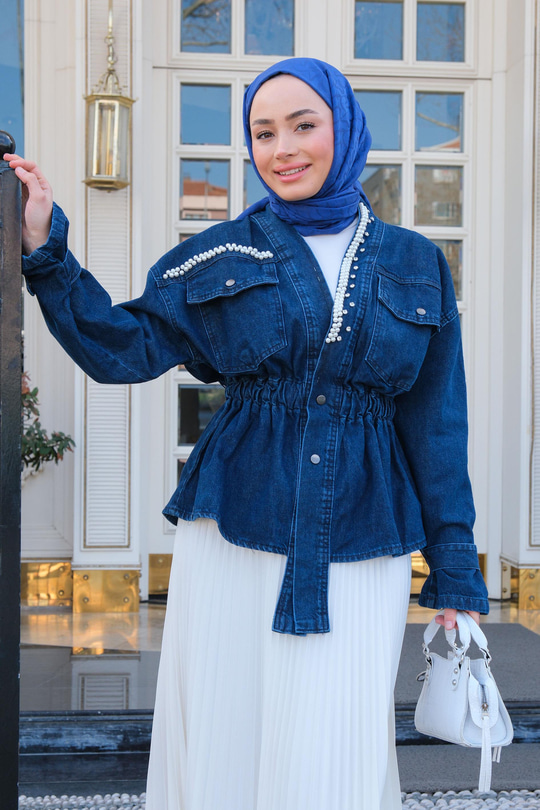 Boncuk Detay Kot Ceket Mavi