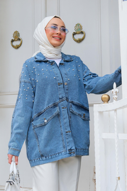 Boncuk Detay Kot Ceket Mavi