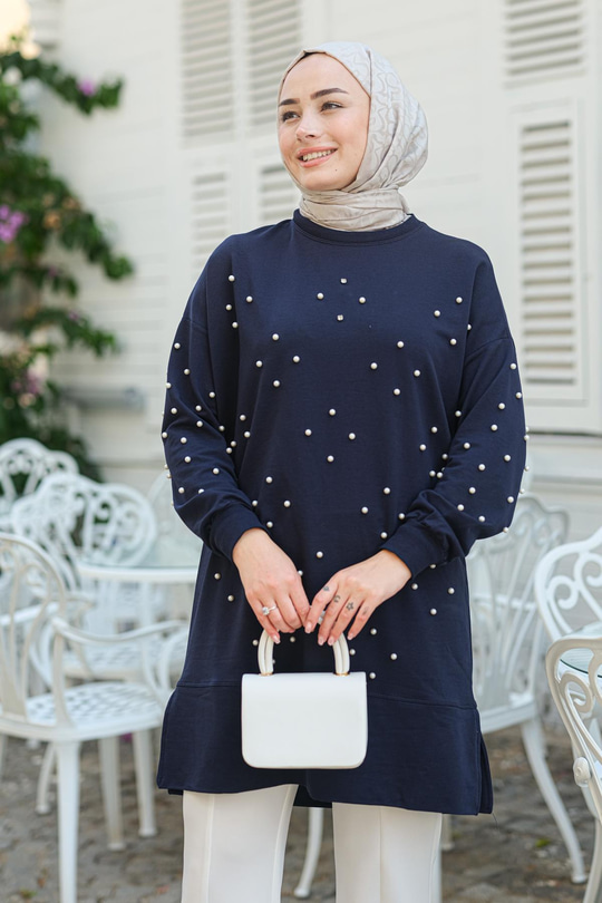 Boncuk Detay Tunik  Lacivert