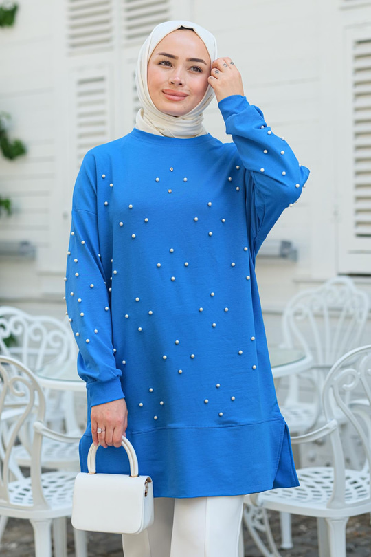 Boncuk Detay Tunik  Mavi