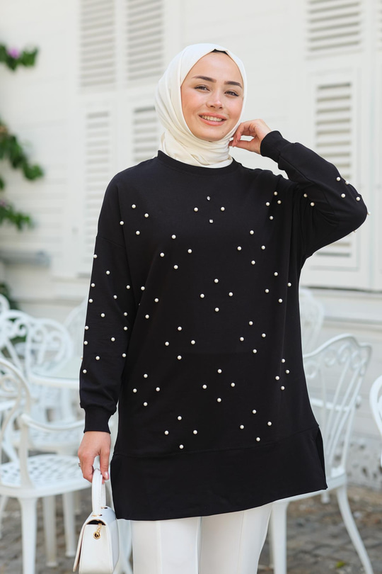 Boncuk Detay Tunik  Siyah