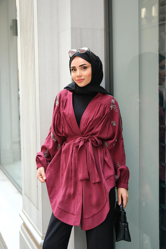 Boncuk İşlemeli Ceket Bordo