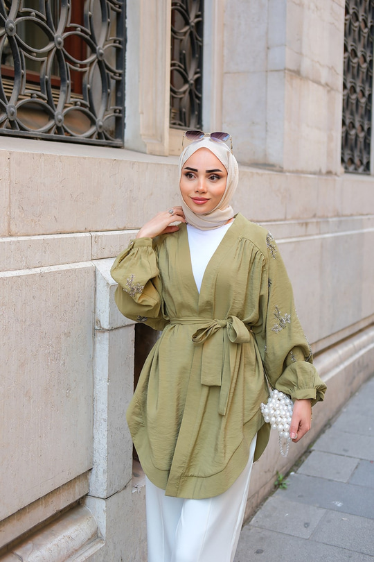 Boncuk İşlemeli Ceket Haki Yeşil