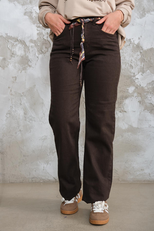 Boru Paça Fularlı Pantolon Kahverengi