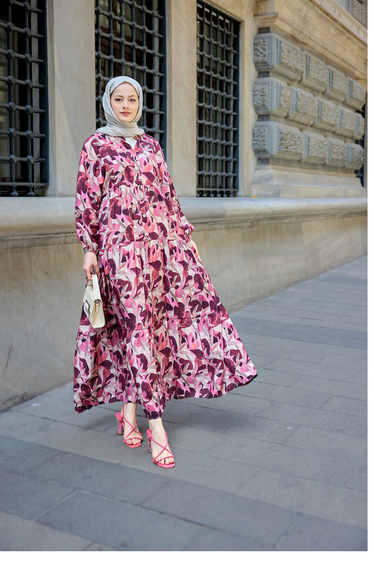 Botanik Desen Elbise Fuşya