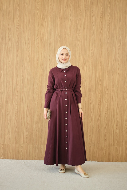Boydan Düğmeli Kemerli Elbise Bordo