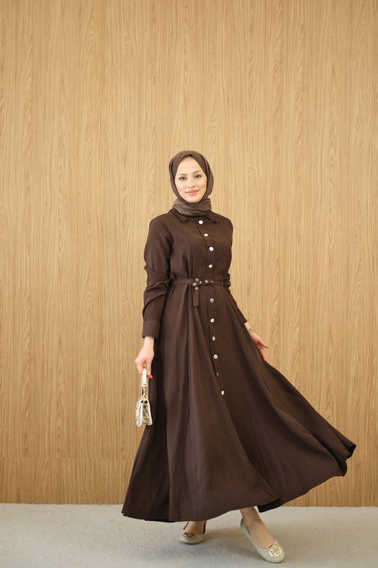 Boydan Düğmeli Kemerli Elbise Kahverengi