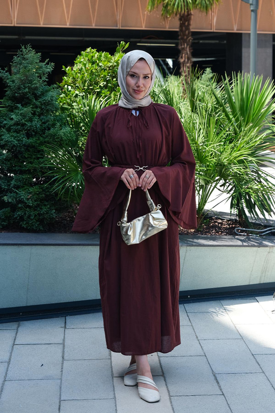 Boyun Bağcık Detay Bel Lastik Kemerli Elbise Bordo