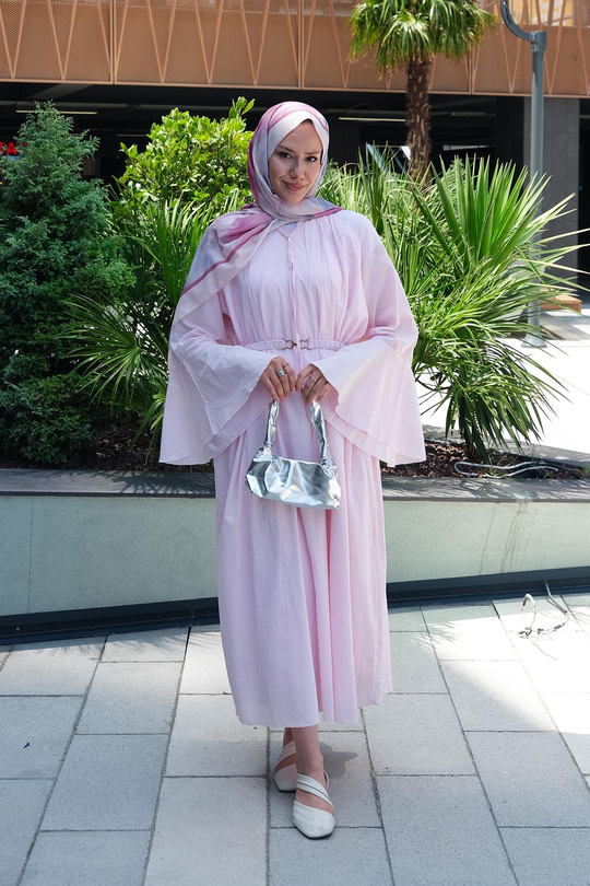 Boyun Bağcık Detay Bel Lastik Kemerli Elbise Pembe