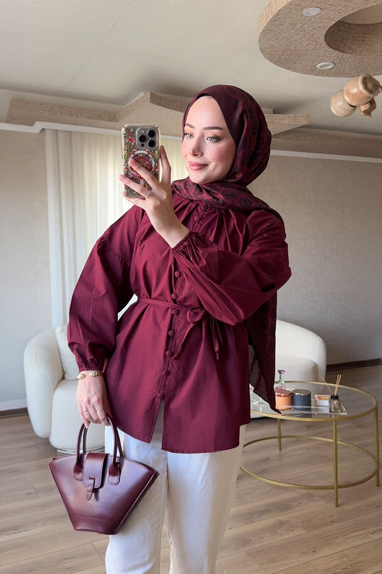 Brit Düğme Detaylı Gömlek Bordo