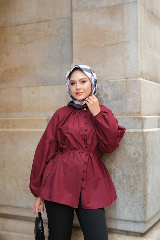 Brit Düğme Detaylı Gömlek Bordo