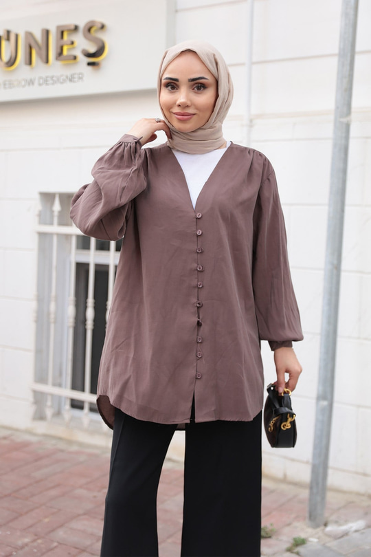 Brit Düğme Detaylı Vual Gömlek Kahverengi