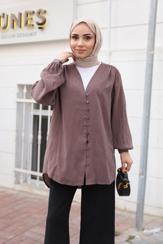 Brit Düğme Detaylı Vual Gömlek Kahverengi