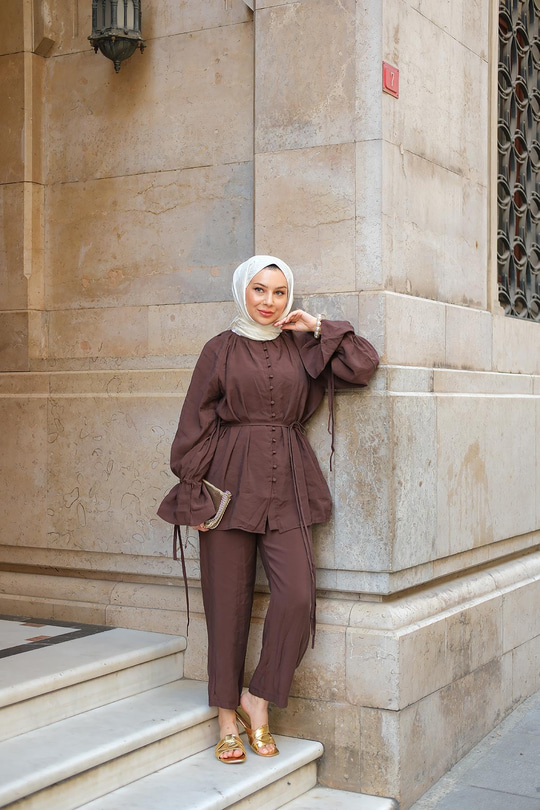 Brit Düğmeli Takım Kahverengi