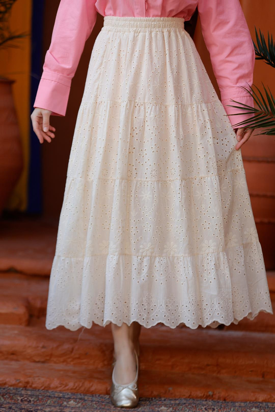 Brode Desenli Etek Krem