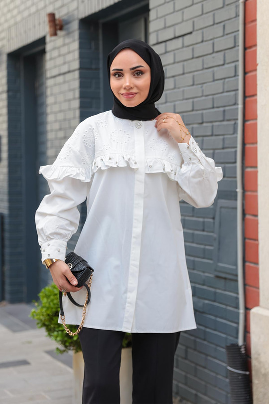 Brode Detay Taşlı Gömlek Beyaz