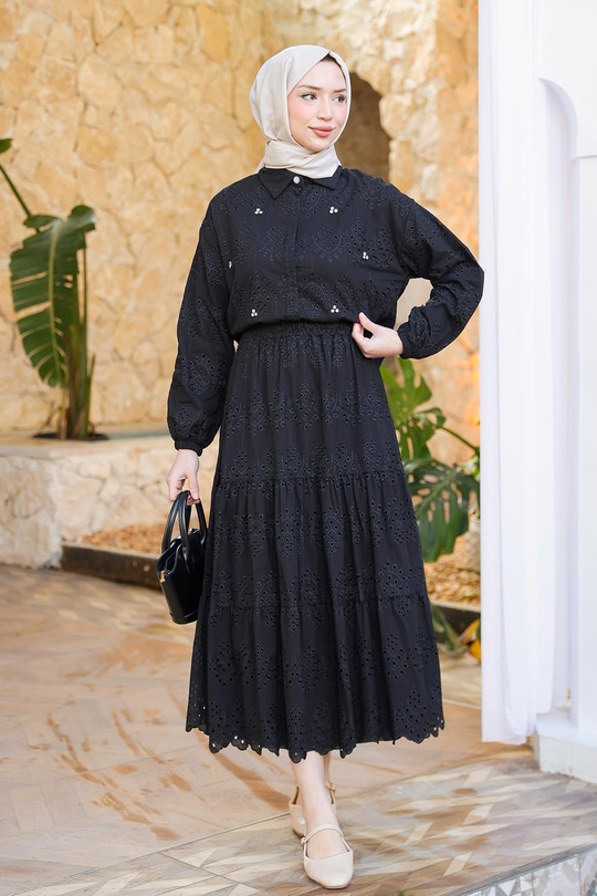 Brode Detaylı Taş İşlemeli İkili Takım  Siyah