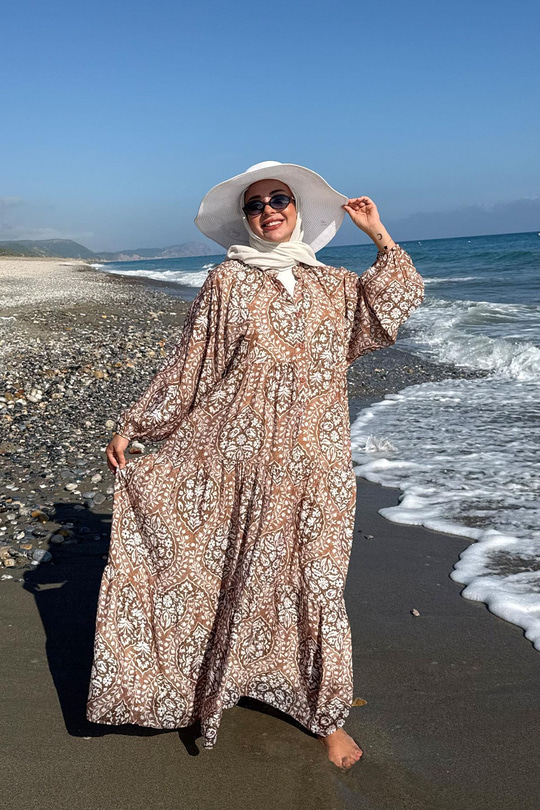 Buğlem Desenli Elbise Kahverengi