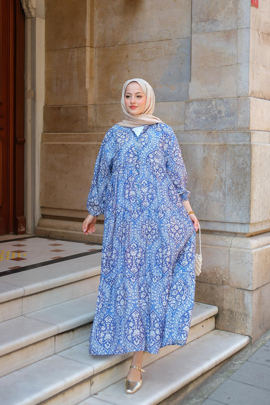 Buğlem Desenli Elbise Mavi