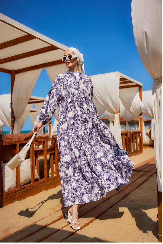 Bulut Desen Elbise Mor