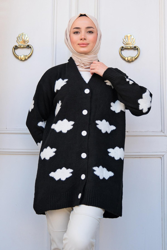 Bulut Desen Triko Hırka Siyah