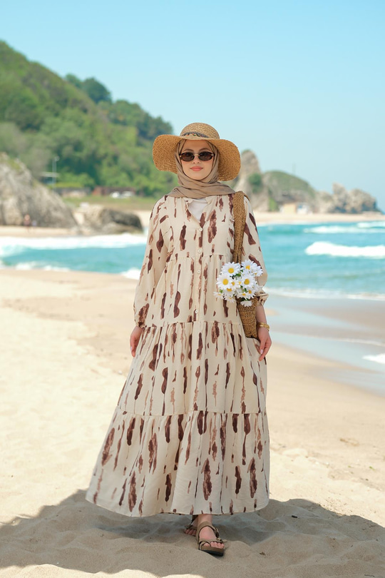 Bulut Desenli Elbise Kahverengi