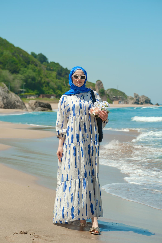 Bulut Desenli Elbise Mavi