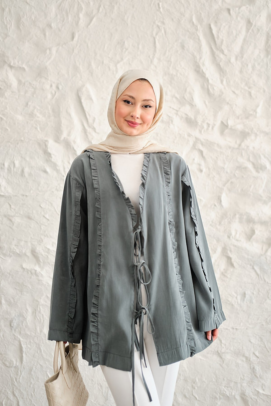 Büzgü Detay Önden Bağlamalı Detaylı Kimono Petrol Yeşil
