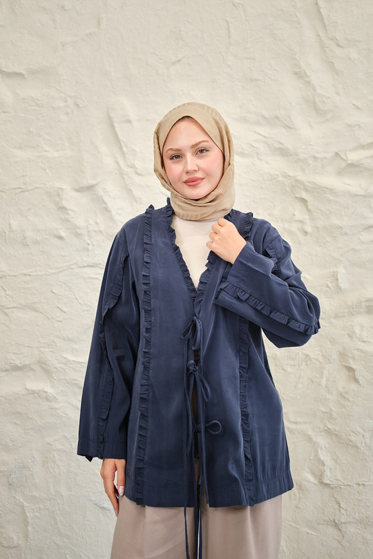 Büzgü Detay Önden Bağlamalı Detaylı Kimono Lacivert