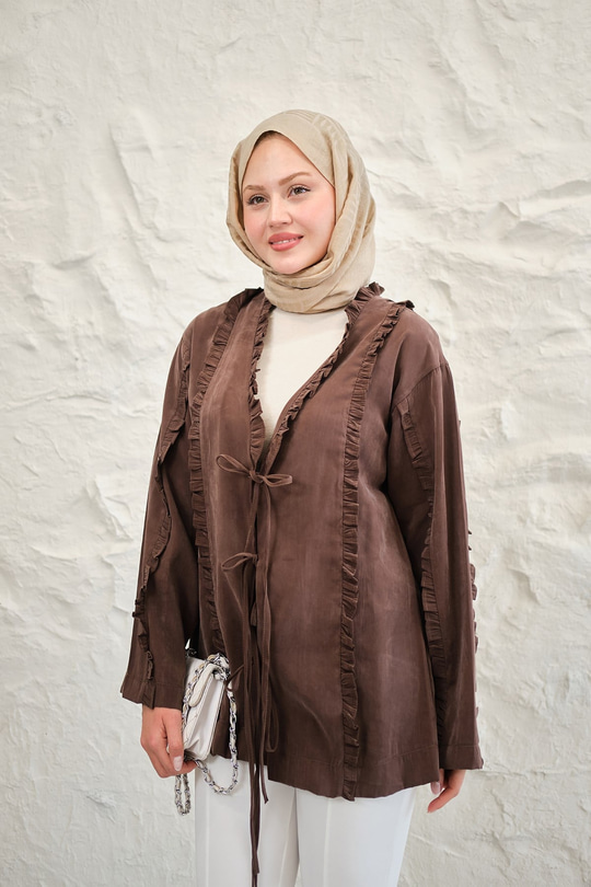 Büzgü Detay Önden Bağlamalı Detaylı Kimono Kahverengi