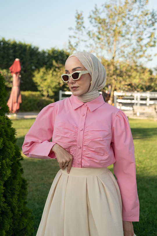 Büzgü Detay Poplin Gömlek Pembe