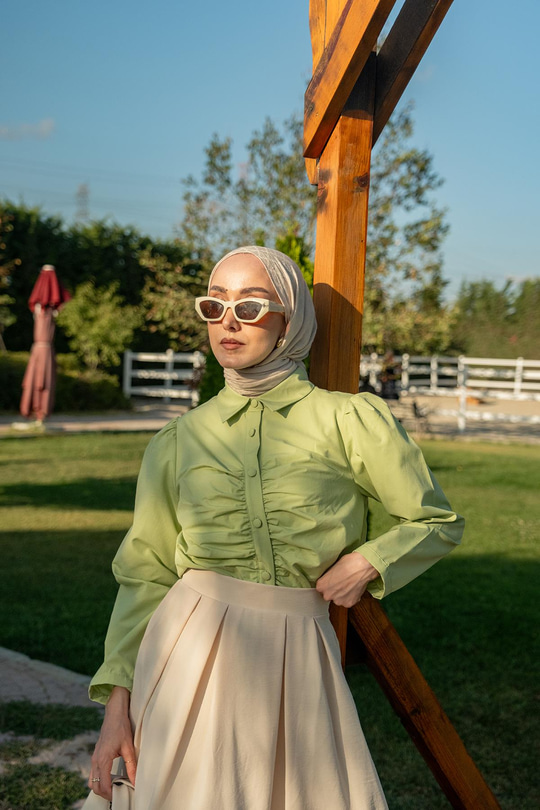 Büzgü Detay Poplin Gömlek Yeşil