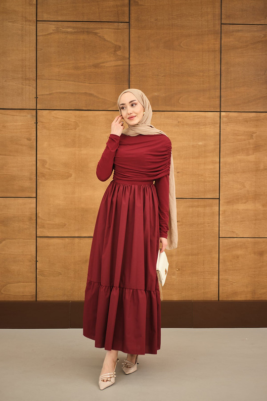 Büzgü Detaylı Sandy Poplin Elbise Bordo