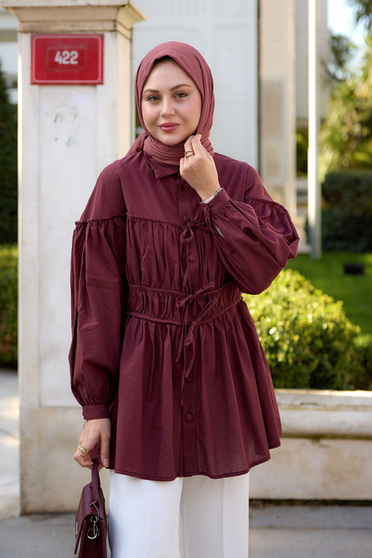 Büzgü Detaylı Vual Gömlek Bordo