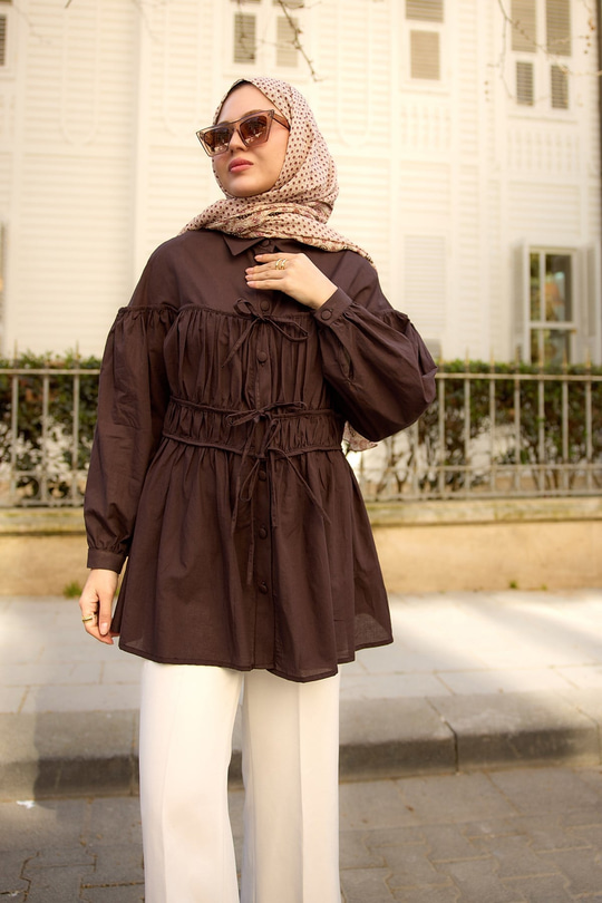 Büzgü Detaylı Vual Gömlek Kahverengi