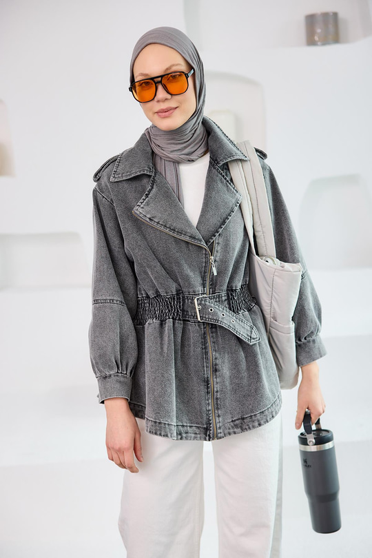Büzgü Kemer Detaylı Jean Ceket Füme
