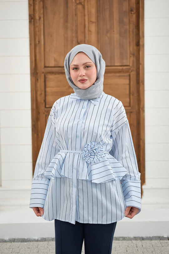 Büzgülü Bel Bağlamalı Çizgili Gömlek Bebe Mavi