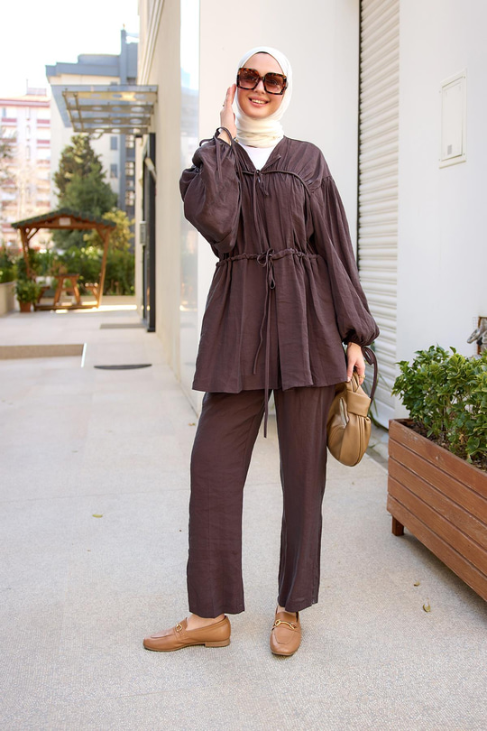 Büzgülü Cupra Tencele Takım Kahverengi