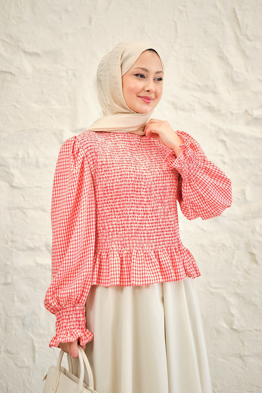 Büzgülü Ekose Etekli Takım Kırmızı