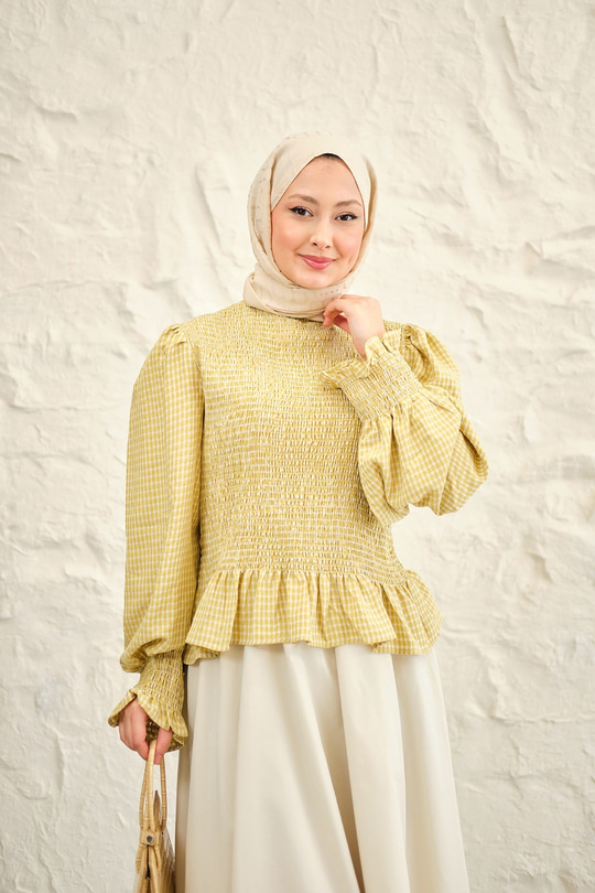 Büzgülü Ekose Etekli Takım Sarı